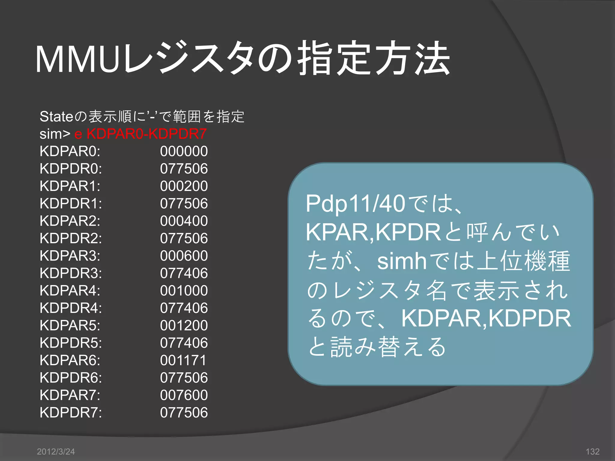 MMUレジスタの指定方法 Stateの表示順に’-’で範囲を指定 sim> e KDPAR0-KDPDR7 KDPAR0: 000000 KDPDR0: 077506 KDPAR1: 000200 KDPDR1: 077506 Pdp11/40では、 KDPAR2: 000400 KDPDR2: 077506 KPAR,KPDRと呼んでい KDPAR3: KDPDR3: 000600 077406 たが、simhでは上位機種 KDPAR4: 001000 のレジスタ名で表示され KDPDR4: 077406 KDPAR5: 001200 るので、KDPAR,KDPDR KDPDR5: KDPAR6: 077406 001171 と読み替える KDPDR6: 077506 KDPAR7: 007600 KDPDR7: 077506 2012/3/24 132 