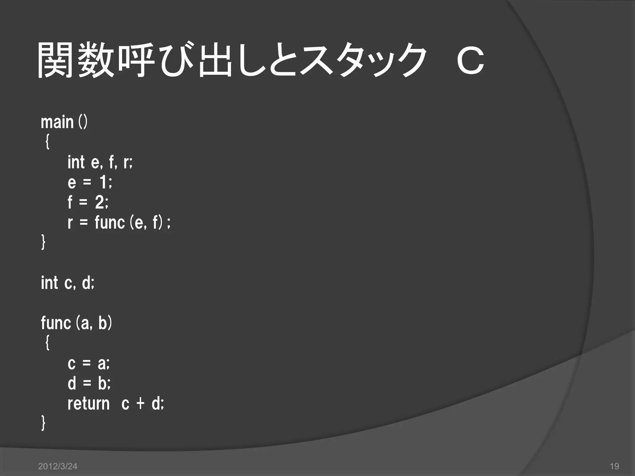 関数呼び出しとスタック Ｃ main() { int e, f, r; e = 1; f = 2; r = func(e, f); } int c, d; func(a, b) { c = a; d = b; return c + d; } 2012/3/24 19 