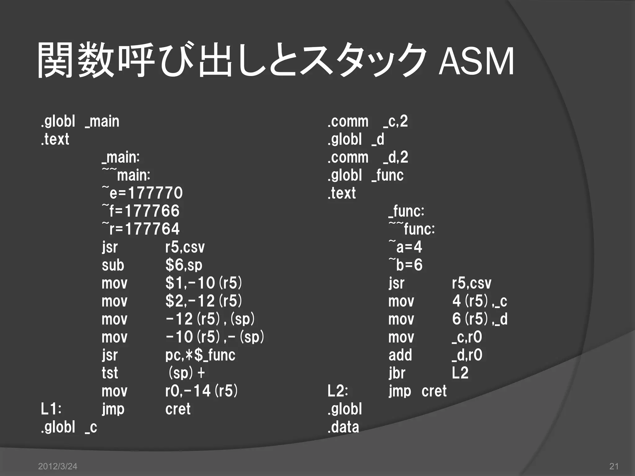 関数呼び出しとスタック ASM .globl _main .comm _c,2 .text .globl _d _main: .comm _d,2 ~~main: .globl _func ~e=177770 .text ~f=177766 _func: ~r=177764 ~~func: jsr r5,csv ~a=4 sub $6,sp ~b=6 mov $1,-10(r5) jsr r5,csv mov $2,-12(r5) mov 4(r5),_c mov -12(r5),(sp) mov 6(r5),_d mov -10(r5),-(sp) mov _c,r0 jsr pc,*$_func add _d,r0 tst (sp)+ jbr L2 mov r0,-14(r5) L2: jmp cret L1: jmp cret .globl .globl _c .data 2012/3/24 21 
