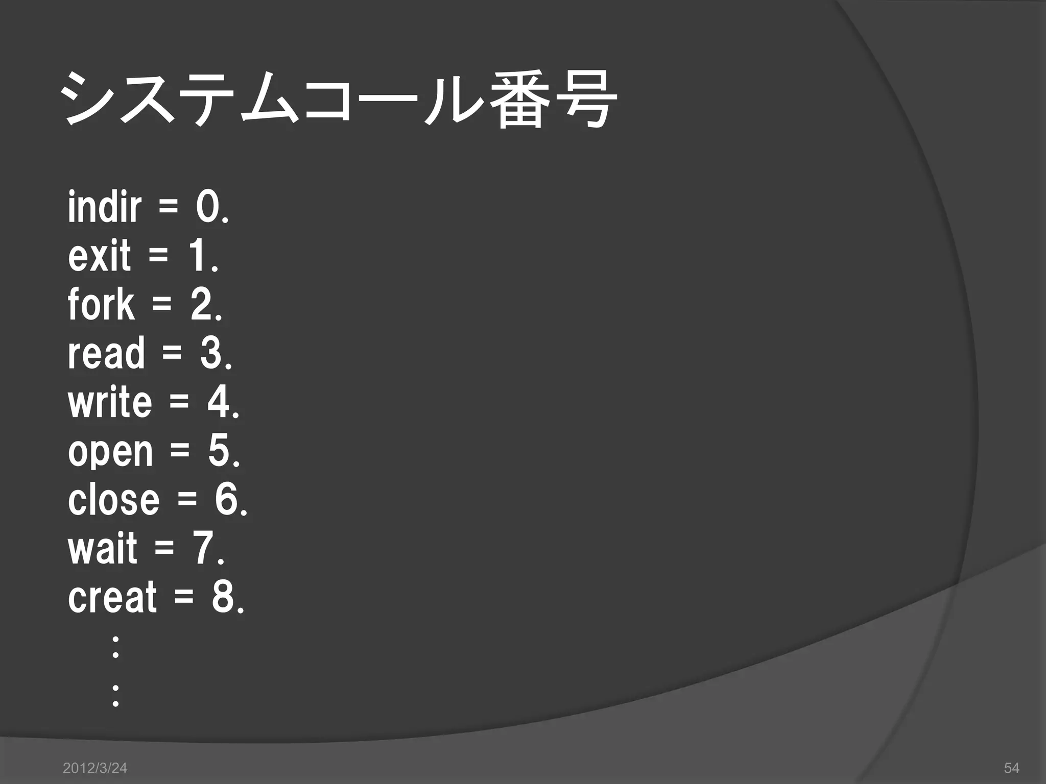 システムコール番号 indir = 0. exit = 1. fork = 2. read = 3. write = 4. open = 5. close = 6. wait = 7. creat = 8. : : 2012/3/24 54 