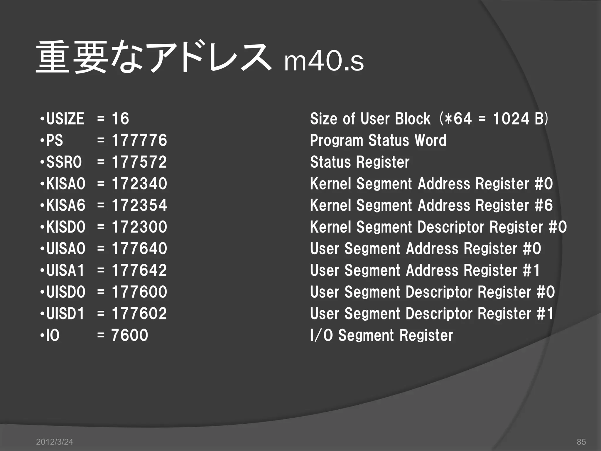 重要なアドレス m40.s USIZE = 16 Size of User Block (*64 = 1024 B) PS = 177776 Program Status Word SSR0 = 177572 Status Register KISA0 = 172340 Kernel Segment Address Register #0 KISA6 = 172354 Kernel Segment Address Register #6 KISD0 = 172300 Kernel Segment Descriptor Register #0 UISA0 = 177640 User Segment Address Register #0 UISA1 = 177642 User Segment Address Register #1 UISD0 = 177600 User Segment Descriptor Register #0 UISD1 = 177602 User Segment Descriptor Register #1 IO = 7600 I/O Segment Register 2012/3/24 85 