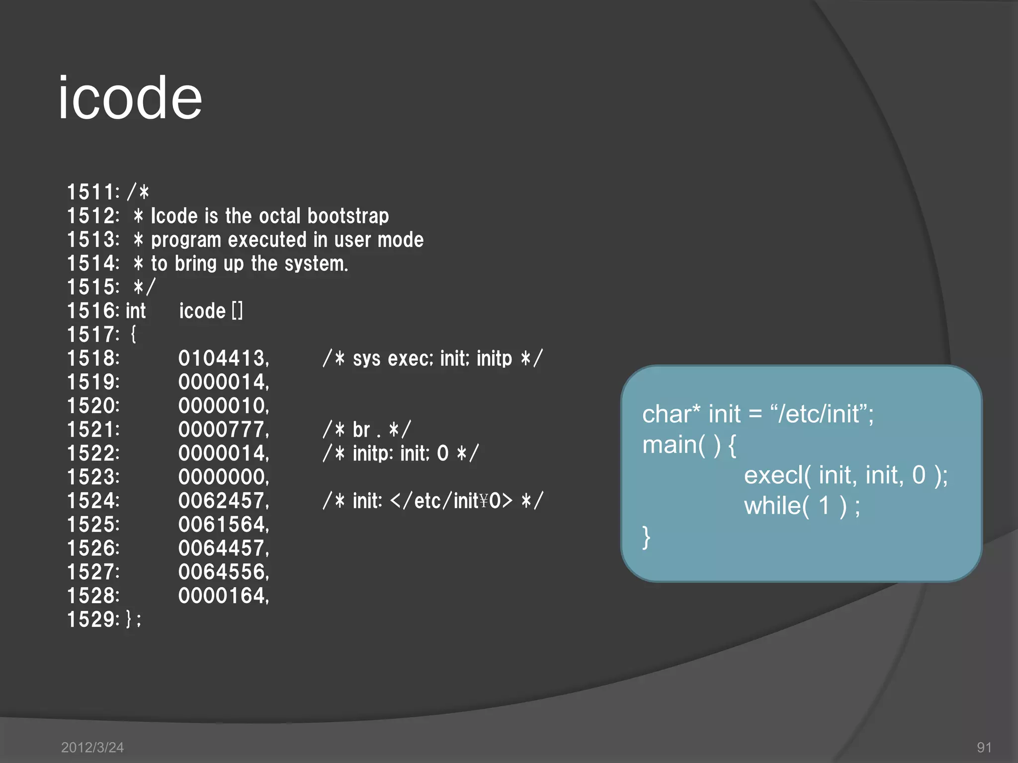 icode 1511: /* 1512: * Icode is the octal bootstrap 1513: * program executed in user mode 1514: * to bring up the system. 1515: */ 1516: int icode[] 1517: { 1518: 0104413, /* sys exec; init; initp */ 1519: 0000014, 1520: 0000010, char* init = “/etc/init”; 1521: 0000777, /* br . */ 1522: 0000014, /* initp: init; 0 */ main( ) { 1523: 0000000, execl( init, init, 0 ); 1524: 0062457, /* init: </etc/init¥0> */ while( 1 ) ; 1525: 0061564, 1526: 0064457, } 1527: 0064556, 1528: 0000164, 1529: }; 2012/3/24 91 