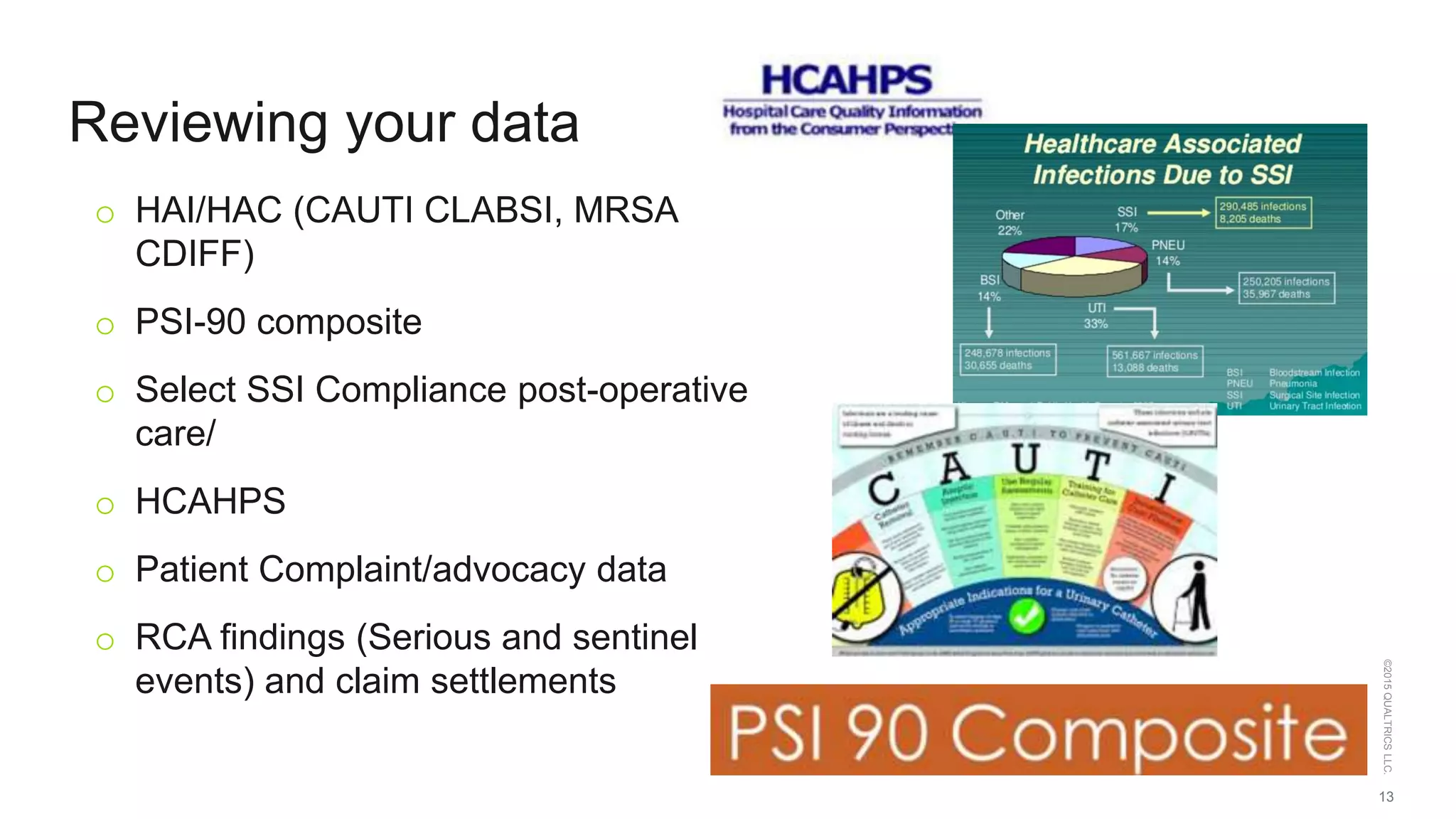 13
©2015QUALTRICSLLC.
Reviewing your data
o HAI/HAC (CAUTI CLABSI, MRSA
CDIFF)
o PSI-90 composite
o Select SSI Compliance post-operative
care/
o HCAHPS
o Patient Complaint/advocacy data
o RCA findings (Serious and sentinel
events) and claim settlements
 