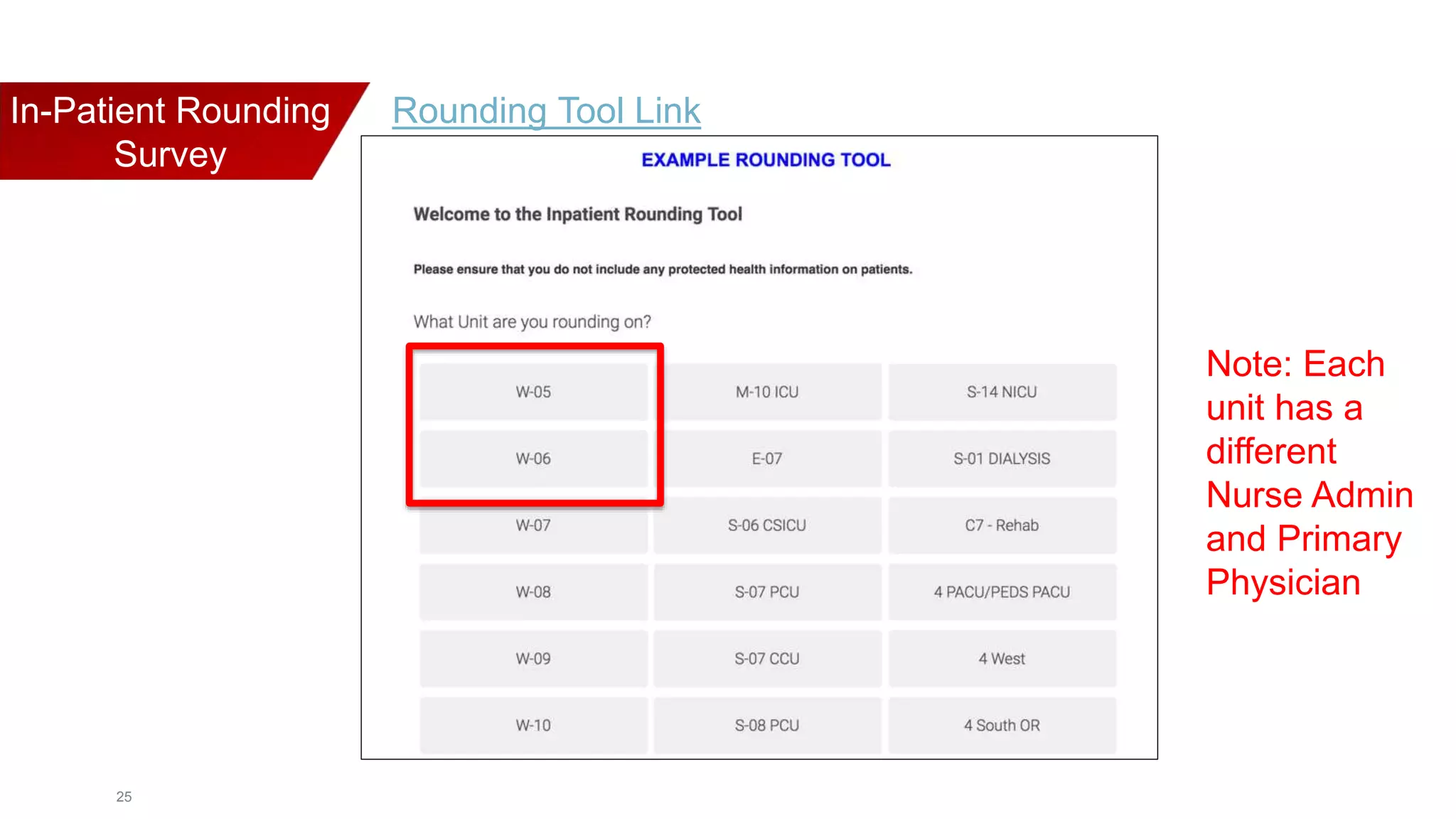 25
In-Patient Rounding
Survey
Rounding Tool Link
Note: Each
unit has a
different
Nurse Admin
and Primary
Physician
 