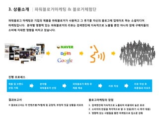 3. 상품소개 | 파워블로거마케팅 & 블로거체험단

파워블로그 마케팅은 기업의 제품을 파워블로거가 사용하고 그 후기를 자신의 블로그에 업데이트 하는 소셜미디어
마케팅입니다. 분야별 영향력 있는 파워블로거의 리뷰는 검색엔진에 지속적으로 노출될 뿐만 아니라 잠재 구매자들의
소비에 지대한 영향을 미치고 있습니다.




진행 프로세스

제품 및 브랜드         분야별                파워블로거 확정 후                         리뷰 작성 후
                                                        리뷰 작성
선정 기획            파워블로거 선정           제품 배송                              최종결과 리포트




결과보고서                                        블로그마케팅의 장점
 결과보고서는 각 컨텐츠별 PV합계 및 긍정적, 부정적 덧글 상황을 리포트   1. 검색엔진에 지속적으로 노출되어 비용대비 높은 효과
                                             2. 소비자의 반응을 즉각적으로 알 수 있음(위기 시 즉각 대응)
                                             3. 영향력 있는 사람들을 통한 마케팅으로 입소문 강화
 