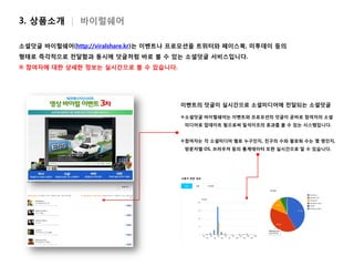 3. 상품소개 | 바이럴쉐어

소셜덧글 바이럴쉐어(http://viralshare.kr)는 이벤트나 프로모션을 트위터와 페이스북, 미투데이 등의
형태로 즉각적으로 전달함과 동시에 덧글처럼 바로 볼 수 있는 소셜덧글 서비스입니다.
※ 참여자에 대한 상세한 정보는 실시간으로 볼 수 있습니다.




                                      이벤트의 덧글이 실시간으로 소셜미디어에 전달되는 소셜덧글

                                      소셜덧글 바이럴쉐어는 이벤트와 프로모션의 덧글이 곧바로 참여자의 소셜
                                       미디어로 업데이트 됨으로써 일석이조의 효과를 볼 수 있는 시스템입니다.


                                      참여자는 각 소셜미디어 별로 누구인지, 친구의 수와 팔로워 수는 몇 명인지,
                                       방문자별 OS, 브라우져 등의 통계데이터 또한 실시간으로 알 수 있습니다.
 
