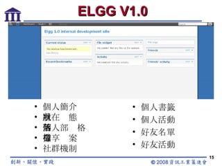 ELGG V1.0 個人簡介 現在狀態 個人部落格 分享檔案 社群機制 個人書籤 個人活動 好友名單 好友活動 