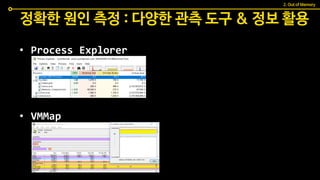 정확한 원인 측정 : 다양한 관측 도구 & 정보 활용
• Process Explorer
• VMMap
2. Out of Memory
 