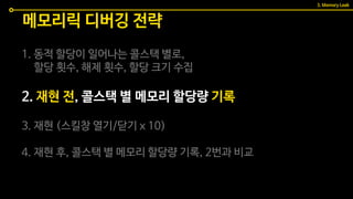 1. 동적 할당이 일어나는 콜스택 별로,
할당 횟수, 해제 횟수, 할당 크기 수집
2. 재현 전, 콜스택 별 메모리 할당량 기록
3. 재현 (스킬창 열기/닫기 x 10)
4. 재현 후, 콜스택 별 메모리 할당량 기록, 2번과 비교
메모리릭 디버깅 전략
3. Memory Leak
 