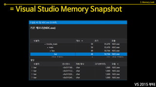 = Visual Studio Memory Snapshot
3. Memory Leak
VS 2015 부터
 