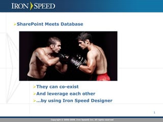 SharePoint Meets Database




       They can co-exist
       And leverage each other
       …by using Iron Speed Designer

                                                                            1

              Copyright © 2006-2008. Iron Speed® Inc. All rights reserved
 