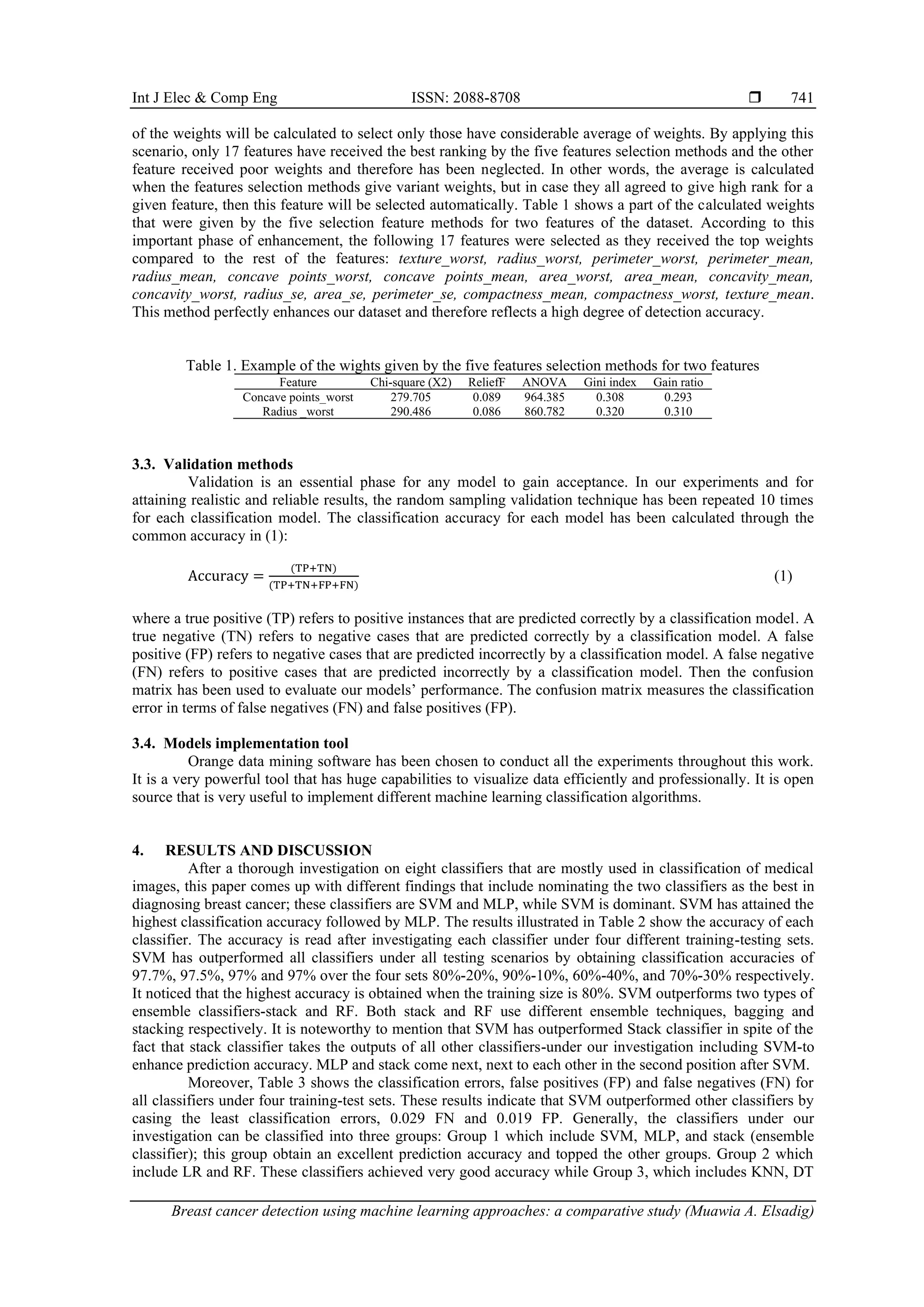 Int J Elec & Comp Eng ISSN: 2088-8708 
Breast cancer detection using machine learning approaches: a comparative study (Muawia A. Elsadig)
741
of the weights will be calculated to select only those have considerable average of weights. By applying this
scenario, only 17 features have received the best ranking by the five features selection methods and the other
feature received poor weights and therefore has been neglected. In other words, the average is calculated
when the features selection methods give variant weights, but in case they all agreed to give high rank for a
given feature, then this feature will be selected automatically. Table 1 shows a part of the calculated weights
that were given by the five selection feature methods for two features of the dataset. According to this
important phase of enhancement, the following 17 features were selected as they received the top weights
compared to the rest of the features: texture_worst, radius_worst, perimeter_worst, perimeter_mean,
radius_mean, concave points_worst, concave points_mean, area_worst, area_mean, concavity_mean,
concavity_worst, radius_se, area_se, perimeter_se, compactness_mean, compactness_worst, texture_mean.
This method perfectly enhances our dataset and therefore reflects a high degree of detection accuracy.
Table 1. Example of the wights given by the five features selection methods for two features
Feature Chi-square (X2) ReliefF ANOVA Gini index Gain ratio
Concave points_worst 279.705 0.089 964.385 0.308 0.293
Radius _worst 290.486 0.086 860.782 0.320 0.310
3.3. Validation methods
Validation is an essential phase for any model to gain acceptance. In our experiments and for
attaining realistic and reliable results, the random sampling validation technique has been repeated 10 times
for each classification model. The classification accuracy for each model has been calculated through the
common accuracy in (1):
Accuracy =
(TP+TN)
(TP+TN+FP+FN)
(1)
where a true positive (TP) refers to positive instances that are predicted correctly by a classification model. A
true negative (TN) refers to negative cases that are predicted correctly by a classification model. A false
positive (FP) refers to negative cases that are predicted incorrectly by a classification model. A false negative
(FN) refers to positive cases that are predicted incorrectly by a classification model. Then the confusion
matrix has been used to evaluate our models’ performance. The confusion matrix measures the classification
error in terms of false negatives (FN) and false positives (FP).
3.4. Models implementation tool
Orange data mining software has been chosen to conduct all the experiments throughout this work.
It is a very powerful tool that has huge capabilities to visualize data efficiently and professionally. It is open
source that is very useful to implement different machine learning classification algorithms.
4. RESULTS AND DISCUSSION
After a thorough investigation on eight classifiers that are mostly used in classification of medical
images, this paper comes up with different findings that include nominating the two classifiers as the best in
diagnosing breast cancer; these classifiers are SVM and MLP, while SVM is dominant. SVM has attained the
highest classification accuracy followed by MLP. The results illustrated in Table 2 show the accuracy of each
classifier. The accuracy is read after investigating each classifier under four different training-testing sets.
SVM has outperformed all classifiers under all testing scenarios by obtaining classification accuracies of
97.7%, 97.5%, 97% and 97% over the four sets 80%-20%, 90%-10%, 60%-40%, and 70%-30% respectively.
It noticed that the highest accuracy is obtained when the training size is 80%. SVM outperforms two types of
ensemble classifiers-stack and RF. Both stack and RF use different ensemble techniques, bagging and
stacking respectively. It is noteworthy to mention that SVM has outperformed Stack classifier in spite of the
fact that stack classifier takes the outputs of all other classifiers-under our investigation including SVM-to
enhance prediction accuracy. MLP and stack come next, next to each other in the second position after SVM.
Moreover, Table 3 shows the classification errors, false positives (FP) and false negatives (FN) for
all classifiers under four training-test sets. These results indicate that SVM outperformed other classifiers by
casing the least classification errors, 0.029 FN and 0.019 FP. Generally, the classifiers under our
investigation can be classified into three groups: Group 1 which include SVM, MLP, and stack (ensemble
classifier); this group obtain an excellent prediction accuracy and topped the other groups. Group 2 which
include LR and RF. These classifiers achieved very good accuracy while Group 3, which includes KNN, DT
 