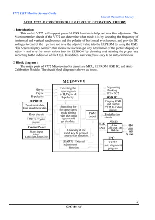 V772 CRT Monitor Service Guide
                                                                     Circuit Operation Theory
        ACER V772 MICROCONTROLLER CIRCUIT OPERATION THEORY

1. Introduction:
      This model, V772, will support powerful OSD function to help end user fine adjustment. The
 Microcontroller circuit of the V772 can determine what mode it is by detecting the frequency of
 horizontal and vertical synchronous and the polarity of horizontal synchronous, and provide DC
 voltages to control the picture and save the adjusted value into the EEPROM by using the OSD,
 "On Screen Display control", that means the user can get any information of the picture display or
 adjust it and save the status values into the EEPROM by choosing and pressing the proper key
 according to the indication of the OSD. In addition, user can press i-key to do auto-calibration.

2. Block diagram :
      The major parts of V772 Microcontroller circuit are MCU, EEPROM, OSD IC, and Auto
 Calibration Module. The circuit block diagram is shown as below.


                                       MCU(MTV112)
                                     Detecting the                           Degaussing
                 Hsync               input signals                           Blanking
                 Vsync               of H,Vsync &                            SC0 - SC2
              H-polarity              H-polarity.                            OSD IC
            EEPROM                                                          Display OSD
         Preset mode data,                                                   and output
       User saved mode data.         Searching for                         PWM to video
                                    the same saved                             circuit
                                      mode timing          PWM
            Reset circuit            with the input                        To deflection
                                                           output          circuit
           12MHz Crystal              signals and
              circuit                get the data.                             AP3113
                                                                    DCLK
                                                                                 Auto        HBNK
           Control Panel                                            DATA     Calibration     VBNK
                                           Checking if the                      Module        RGB
             5 keys input
                i-key
                                        valid key be pressed                                Signal
         Left,Right,Enter,Exit          and do key function.
                                                                              PC
                                       (UART) External                         RS232
                                        adjustment                         auto alignment
                                            function                          program




                                                                                                     20
                                         Confidential
 