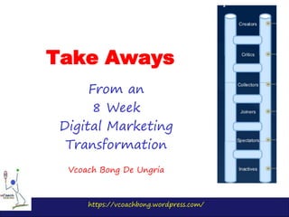 https://vcoachbong.wordpress.com/
Take Aways
From an
8 Week
Digital Marketing
Transformation
Vcoach Bong De Ungria
 