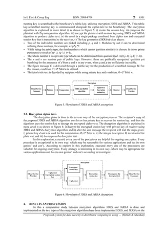 Int J Elec & Comp Eng ISSN: 2088-8708 
Proposed system for data security in distributed computing in using … (Shihab A. Shawkat)
6501
meeting key is scrambled to the beneficiary’s public key, utilizing encryption 3DES and 3kRSA. This public
key-scrambled meeting key is communicated alongside the cipher-text to the beneficiary. The encryption
algorithm is explained in more detail it as shown in Figure 5: i) create the session key, ii) compress the
plaintext with Zip compression algorithm, iii) encrypt the plaintext with session key using 3DES and 3kRSA
algorithm to produce cipher text, iv) the result is a single package combined from cipher text and encrypted
session key that is transmitted to the receiver, v) The key generation (3KRSA) takes places:
− Two of the indivisible numbers are picked including p, q and r. Modulus by sub 2 can be determined
utilizing these numbers, for example, n=p*q*2.
− While being the public type, the third number e which cannot partition similarly is chosen. It shows prime
pertinence to result of (p-1), (q-1), (r-1).
− The whole number d is a private type which can be determined from quotient ((ed-1))/((p-1) (q-1) (r-1)).
− The n and e are number pair of public keys. However, these are publically recognized qualities yet
bumbling for the assurance of d from e and n in any event, when q and p are sufficiently incredible.
− The figure message C is delivered through a public key for the production of scrambled message M. For
this reason, condition C=Me
Mod n is utilized.
− The ideal code text is decoded by recipient while using private key and condition M=Cd
Mod n.
Figure 5. Flowchart of 3DES and 3kRSA encryption
3.3. Decryption cipher texts
The decryption phase is done in the reverse way of the encryption process. The recipient’s copy of
the proposed 3DES and 3kRSA algorithm uses his or her private key to recover the session key, and then the
algorithm uses the session key to decrypt the encrypted cipher-text. The decryption algorithm is explained in
more detail it as shown in Figure 6: i) decrypt the encrypted session key with private key of receiver using
3DES and 3kRSA decryption algorithm and ii) after the sent message the recipient will trail the steps given:
i) private key d and n is used for the computation M=Cd
Mod n, ii) the integer descriptive M is extracted for
plain text, and iii) decompress the decrypted text.
In this exploration, executed every one of the procedures are helpful for ongoing encryption. Every
procedure is exceptional in its own way, which may be reasonable for various applications and has its own
genius’ and con’s. According to explore in this exploration, executed every one of the procedures are
valuable for ongoing encryption. Every strategy is interesting in its own way, which may be appropriate for
various applications and has its own genius’ and con’s according to investigate.
Figure 6. Flowchart of 3DES and 3kRSA decryption
4. RESULTS AND DISCUSSION
In this a comparative study between encryption algorithms 3DES and 3kRSA is done and
implemented on the two types of the encryption algorithms have been implemented 3DES, and 3kRSA on the
 