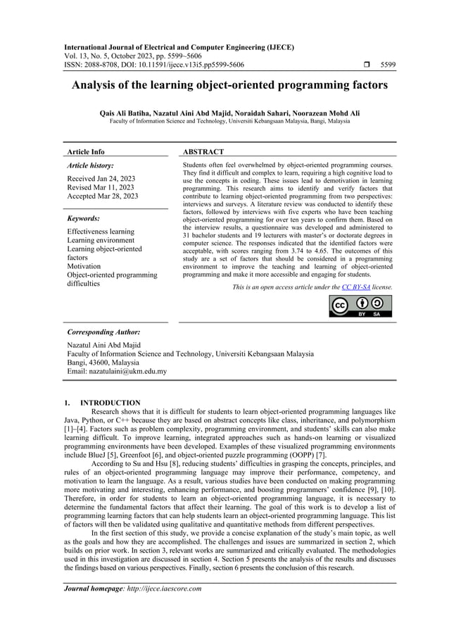 Analysis of the learning object-oriented programming factors | PDF