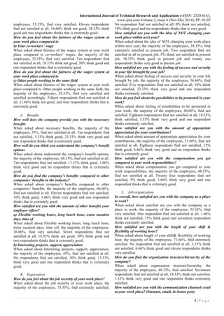 International Journal of Technical Research and Applications e-ISSN: 2320-8163,
www.ijtra.com Volume 2, Issue 6 (Nov-Dec 2014), PP. 01-07
4 | P a g e
employees, 33.33%, find very satisfied. Eleven respondents
find not satisfied at all, 16.66% think not good, 28.33% think
good and two respondents thinks that is extremely good.
How do you feel about the fairness of the wages system at
your work place compared to
b) Your co-workers’ wage
When asked about fairness of the wages system at your work
place compared to co-workers’ wages, the majority of the
employees, 33.33%, find very satisfied. Ten respondents find
not satisfied at all, 18.33% think not good, 30% think good and
one respondent thinks that is extremely good.
How do you feel about the fairness of the wages system at
your work place compared to
c) Other people working in the same field
When asked about fairness of the wages system at your work
place compared to Other people working in the same field, the
majority of the employees, 28.33%, find very satisfied and
satisfied accordingly. Fifteen respondents find not satisfied at
all, 21.66% think not good, and four respondents thinks that is
extremely good.
J. Benefits
How well does the company provide you with the necessary
benefits
When asked about necessary benefits, the majority of the
employees, 55%, find not satisfied at all. Ten respondents find
not satisfied, 3.33% think good, 23.33% think very good and
one respondent thinks that is extremely good.
How well do you think you understand the company's benefit
options
When asked about understand the company's benefit options,
the majority of the employees, 68.33%, find not satisfied at all.
Ten respondents find not satisfied, 13.33% think good, 1.66%
think very good and no respondent thinks that is extremely
good.
How do you find the company’s benefits compared to other
companies’ benefits in the industry?
When asked about company’s benefits compared to other
companies’ benefits, the majority of the employees, 66.66%,
find not satisfied at all. Eleven respondents find not satisfied,
10% think good, 1.66% think very good and one respondent
thinks that is extremely good.
How satisfied are you with the amount of other benefits your
employer offers?
a) Flexible working hours, long lunch hour, extra vacation
days, time of
When asked about Flexible working hours, long lunch hour,
extra vacation days, time off, the majority of the employees,
36.66%, find very satisfied. Seven respondents find not
satisfied at all, 18.33% think not good, 30% think good and
two respondents thinks that is extremely good.
b) Interesting projects, support, appreciation
When asked about Interesting projects, support, appreciation,
the majority of the employees, 45%, find not satisfied at all.
Six respondents find not satisfied, 30% think good, 13.33%
think very good and one respondent thinks that is extremely
good.
K. Expectation
How do you feel about the job security of your work place?
When asked about the job security of your work place, the
majority of the employees, 73.33%, find extremely satisfied.
No respondent find not satisfied at all, 0% think not satisfied,
10% think good and ten respondents thinks that is very good.
How satisfied are you with the idea of NOT changing your
work place within next year?
When asked about the idea of NOT changing your work place
within next year, the majority of the employees, 38.33%, find
extremely satisfied in present job. Two respondent find not
satisfied at all in present job, 5% think not satisfied in present
job, 18.33% think good in present job and twenty one
respondents thinks very good in present job.
How satisfied are you with the feeling of success and security
in your life brought by your job?
When asked about feeling of success and security in your life
brought by job, the majority of the employees, 56.66%, find
satisfied. Five respondents find not satisfied at all, 10% think
not satisfied, 23.33% think very good and one respondent
thinks extremely satisfied.
How do you feel about the possibilities to be promoted in your
work?
When asked about feeling of possibilities to be promoted in
your work, the majority of the employees, 46.66%, find not
satisfied. Eighteen respondents find not satisfied at all, 18.33%
think satisfied, 3.33% think very good and one respondent
thinks extremely satisfied.
How satisfied are you with the amount of appropriate
appreciation for your contributions?
When asked about amount of appropriate appreciation for your
contributions, the majority of the employees, 51.66%, find not
satisfied at all. Eighteen respondents find not satisfied, 15%
think good, 6.66% think very good and no respondent thinks
that is extremely good
How satisfied are you with the compensation you get
compared to your work responsibilities?
When asked about compensation you get compared to your
work responsibilities, the majority of the employees, 48.33%,
find not satisfied at all. Twenty four respondents find not
satisfied, 5% think good, 1.66% think very good and one
respondent thinks that is extremely good.
L. Job organization
In overall, how satisfied are you with the company as a place
to work?
When asked about satisfied are you with the company as a
place to work, the majority of the employees, 53.33%, find
very satisfied. One respondent find not satisfied at all, 1.66%
think not satisfied, 15% think good and seventeen respondent
thinks extremely satisfied.
How satisfied are you with the length of your shift &
flexibility of working hour?
When asked about length of your shift& flexibility of working
hour, the majority of the employees, 71.66%, find extremely
satisfied. No respondent find not satisfied at all, 3.33% think
not satisfied, 6.66% think good and eleven respondents thinks
very satisfied.
How do you find the organization structure/hierarchy of the
company?
When asked about organization structure/hierarchy, the
majority of the employees, 48.33%, find satisfied. Seventeen
respondents find not satisfied at all, 18.33% think not satisfied,
3.33% think very good and one respondent thinks extremely
satisfied.
How satisfied are you with the communication channels used
at your work place? (Intranet, email, in-house post)
 