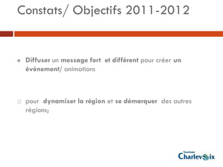 Constats/ Objectifs 2011-2012


   Diffuser un message fort et différent pour créer un
    événement/ animations



   pour dynamiser la région et se démarquer des autres
    régions;
 