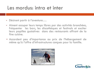 Les mordus: intra et inter

•   Désirent partir à l’aventure….
•   Aiment occuper leurs temps libres par des activités branchées,
    fréquenter les bars, les discothèques et festivals et exciter
    leurs papilles gustatives dans des restaurants offrant de la
    fine cuisine.
• Accordent peu d’importance au prix de l’hébergement de
    même qu’à l’offre d’infrastructures conçues pour la famille.
 