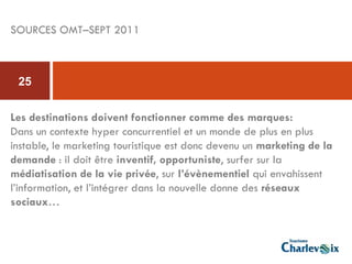 SOURCES OMT–SEPT 2011



 25


Les destinations doivent fonctionner comme des marques:
Dans un contexte hyper concurrentiel et un monde de plus en plus
instable, le marketing touristique est donc devenu un marketing de la
demande : il doit être inventif, opportuniste, surfer sur la
médiatisation de la vie privée, sur l’évènementiel qui envahissent
l’information, et l’intégrer dans la nouvelle donne des réseaux
sociaux…
 
