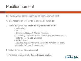Positionnement

Les trois niveaux complémentaires de positionnement sont:

1.Faire ressortir en tout temps la beauté de la région

2. Mettre de l’avant nos produits d’appel saisonniers:
         - Motoneige
         - Ski
         - Complexe Casino & Manoir Richelieu
         - Cocooning hivernal (réseau d’hébergement, restauration,
           détente, Route des Saveurs)
         - Art & Culture
         - Activités de plaisir hivernal (raquette, randonnée, patin,
           glissade, traîneau à chiens, etc.

3. Mettre de l’avant l’événementiel

4. Permettre la découverte de nos trésors cachés
 