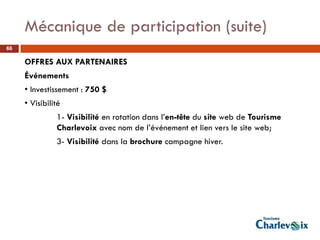 Mécanique de participation (suite)
66

     OFFRES AUX PARTENAIRES
     Événements
     • Investissement : 750 $
     • Visibilité
               1- Visibilité en rotation dans l’en-tête du site web de Tourisme
               Charlevoix avec nom de l’événement et lien vers le site web;
               3- Visibilité dans la brochure campagne hiver.
 