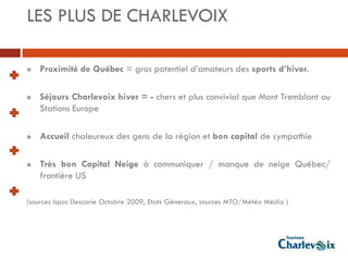 LES PLUS DE CHARLEVOIX

   Proximité de Québec = gros potentiel d’amateurs des sports d’hiver.

   Séjours Charlevoix hiver = - chers et plus convivial que Mont Tremblant ou
    Stations Europe

   Accueil chaleureux des gens de la région et bon capital de sympathie

   Très bon Capital Neige à communiquer / manque de neige Québec/
    frontière US

(sources Ispos Descarie Octobre 2009, Etats Géneraux, sources MTO/Météo Média )
 