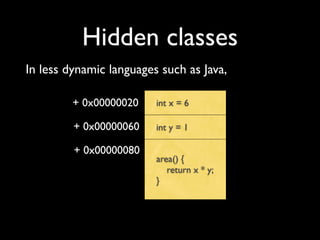 Hidden classes
In less dynamic languages such as Java,

         + 0x00000020    int x = 6

         + 0x00000060    int y = 1

         + 0x00000080
                         area() {
                            return x * y;
                         }
 