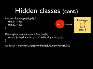 Hidden classes (cont.)
function Rectangle(p1, p2) {
   this.p1 = p1;                                              Rectangle
   this.p2 = p2;                                   rect1        p1: 0
}                                                               p2: 2
                                                               area: 4
Rectangle.prototype.area = function(){
  return (this.p2.x - this.p1.x) * (this.p2.y - this.p1.y);
}
var rect1 = new Rectangle(new Point(3,4), new Point(6,0));
 
