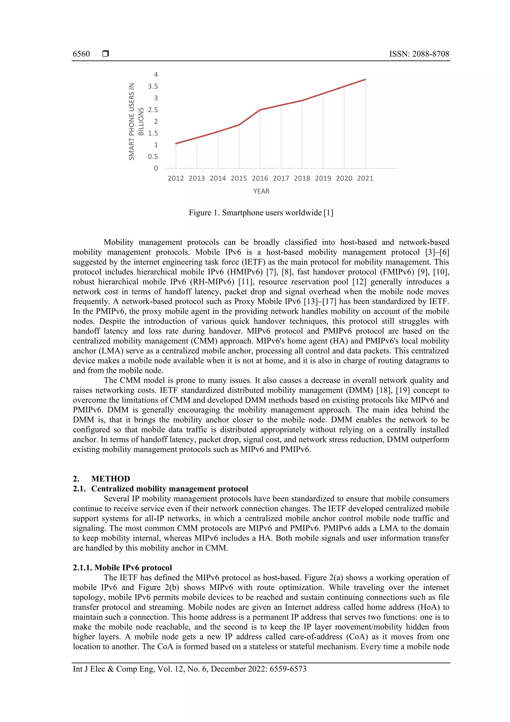  ISSN: 2088-8708
Int J Elec & Comp Eng, Vol. 12, No. 6, December 2022: 6559-6573
6560
Figure 1. Smartphone users worldwide [1]
Mobility management protocols can be broadly classified into host-based and network-based
mobility management protocols. Mobile IPv6 is a host-based mobility management protocol [3]–[6]
suggested by the internet engineering task force (IETF) as the main protocol for mobility management. This
protocol includes hierarchical mobile IPv6 (HMIPv6) [7], [8], fast handover protocol (FMIPv6) [9], [10],
robust hierarchical mobile IPv6 (RH-MIPv6) [11], resource reservation pool [12] generally introduces a
network cost in terms of handoff latency, packet drop and signal overhead when the mobile node moves
frequently. A network-based protocol such as Proxy Mobile IPv6 [13]–[17] has been standardized by IETF.
In the PMIPv6, the proxy mobile agent in the providing network handles mobility on account of the mobile
nodes. Despite the introduction of various quick handover techniques, this protocol still struggles with
handoff latency and loss rate during handover. MIPv6 protocol and PMIPv6 protocol are based on the
centralized mobility management (CMM) approach. MIPv6's home agent (HA) and PMIPv6's local mobility
anchor (LMA) serve as a centralized mobile anchor, processing all control and data packets. This centralized
device makes a mobile node available when it is not at home, and it is also in charge of routing datagrams to
and from the mobile node.
The CMM model is prone to many issues. It also causes a decrease in overall network quality and
raises networking costs. IETF standardized distributed mobility management (DMM) [18], [19] concept to
overcome the limitations of CMM and developed DMM methods based on existing protocols like MIPv6 and
PMIPv6. DMM is generally encouraging the mobility management approach. The main idea behind the
DMM is, that it brings the mobility anchor closer to the mobile node. DMM enables the network to be
configured so that mobile data traffic is distributed appropriately without relying on a centrally installed
anchor. In terms of handoff latency, packet drop, signal cost, and network stress reduction, DMM outperform
existing mobility management protocols such as MIPv6 and PMIPv6.
2. METHOD
2.1. Centralized mobility management protocol
Several IP mobility management protocols have been standardized to ensure that mobile consumers
continue to receive service even if their network connection changes. The IETF developed centralized mobile
support systems for all-IP networks, in which a centralized mobile anchor control mobile node traffic and
signaling. The most common CMM protocols are MIPv6 and PMIPv6. PMIPv6 adds a LMA to the domain
to keep mobility internal, whereas MIPv6 includes a HA. Both mobile signals and user information transfer
are handled by this mobility anchor in CMM.
2.1.1. Mobile IPv6 protocol
The IETF has defined the MIPv6 protocol as host-based. Figure 2(a) shows a working operation of
mobile IPv6 and Figure 2(b) shows MIPv6 with route optimization. While traveling over the internet
topology, mobile IPv6 permits mobile devices to be reached and sustain continuing connections such as file
transfer protocol and streaming. Mobile nodes are given an Internet address called home address (HoA) to
maintain such a connection. This home address is a permanent IP address that serves two functions: one is to
make the mobile node reachable, and the second is to keep the IP layer movement/mobility hidden from
higher layers. A mobile node gets a new IP address called care-of-address (CoA) as it moves from one
location to another. The CoA is formed based on a stateless or stateful mechanism. Every time a mobile node
0
0.5
1
1.5
2
2.5
3
3.5
4
2012 2013 2014 2015 2016 2017 2018 2019 2020 2021
SMART
PHONE
USERS
IN
BILLIONS
YEAR
 