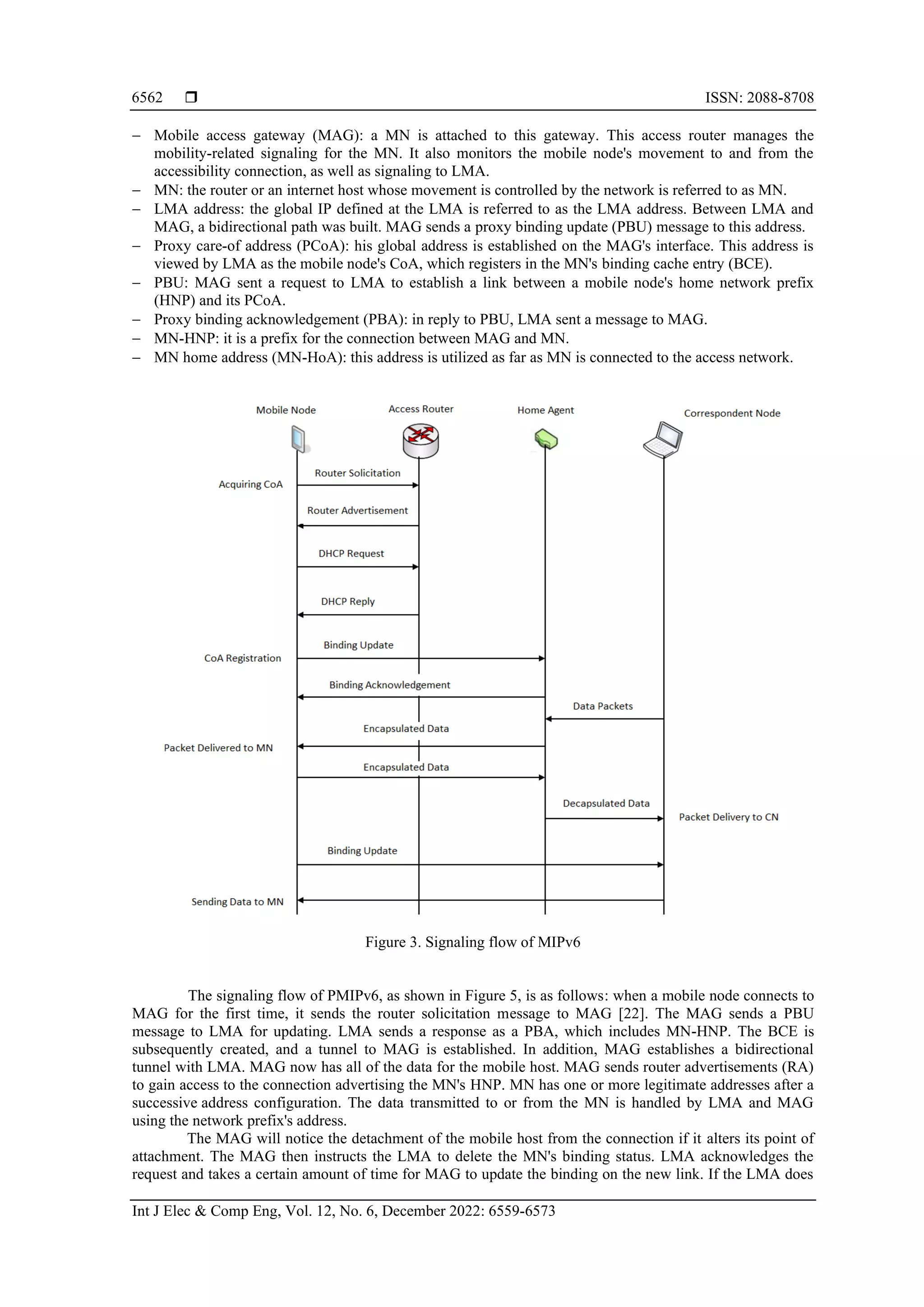  ISSN: 2088-8708
Int J Elec & Comp Eng, Vol. 12, No. 6, December 2022: 6559-6573
6562
− Mobile access gateway (MAG): a MN is attached to this gateway. This access router manages the
mobility-related signaling for the MN. It also monitors the mobile node's movement to and from the
accessibility connection, as well as signaling to LMA.
− MN: the router or an internet host whose movement is controlled by the network is referred to as MN.
− LMA address: the global IP defined at the LMA is referred to as the LMA address. Between LMA and
MAG, a bidirectional path was built. MAG sends a proxy binding update (PBU) message to this address.
− Proxy care-of address (PCoA): his global address is established on the MAG's interface. This address is
viewed by LMA as the mobile node's CoA, which registers in the MN's binding cache entry (BCE).
− PBU: MAG sent a request to LMA to establish a link between a mobile node's home network prefix
(HNP) and its PCoA.
− Proxy binding acknowledgement (PBA): in reply to PBU, LMA sent a message to MAG.
− MN-HNP: it is a prefix for the connection between MAG and MN.
− MN home address (MN-HoA): this address is utilized as far as MN is connected to the access network.
Figure 3. Signaling flow of MIPv6
The signaling flow of PMIPv6, as shown in Figure 5, is as follows: when a mobile node connects to
MAG for the first time, it sends the router solicitation message to MAG [22]. The MAG sends a PBU
message to LMA for updating. LMA sends a response as a PBA, which includes MN-HNP. The BCE is
subsequently created, and a tunnel to MAG is established. In addition, MAG establishes a bidirectional
tunnel with LMA. MAG now has all of the data for the mobile host. MAG sends router advertisements (RA)
to gain access to the connection advertising the MN's HNP. MN has one or more legitimate addresses after a
successive address configuration. The data transmitted to or from the MN is handled by LMA and MAG
using the network prefix's address.
The MAG will notice the detachment of the mobile host from the connection if it alters its point of
attachment. The MAG then instructs the LMA to delete the MN's binding status. LMA acknowledges the
request and takes a certain amount of time for MAG to update the binding on the new link. If the LMA does
 