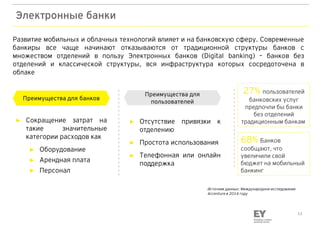 13
Электронные банки
Развитие мобильных и облачных технологий влияет и на банковскую сферу. Современные
банкиры все чаще начинают отказываются от традиционной структуры банков с
множеством отделений в пользу Электронных банков (Digital banking) – банков без
отделений и классической структуры, вся инфраструктура которых сосредоточена в
облаке
► Сокращение затрат на
такие значительные
категории расходов как
► Оборудование
► Арендная плата
► Персонал
Преимущества для банков
Преимущества для
пользователей
► Отсутствие привязки к
отделению
► Простота использования
► Телефонная или онлайн
поддержка
27% пользователей
банковских услуг
предпочли бы банки
без отделений
традиционным банкам
Источник данных: Международное исследование
Accenture в 2014 году
68% Банков
сообщают, что
увеличили свой
бюджет на мобильный
банкинг
 