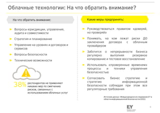 6
респондентов не применяют
никаких мер по смягчению
рисков, связанных с
использованием облачных услуг
38%
► Руководствоваться правилом «доверяй,
но проверяй»
► Понимать, на ком лежат риски ДО
заключения договора с облачным
провайдером
► Заботится о непрерывности бизнеса
регулярно выполняя резервное
копирование и тестовое восстановление
► Использовать «проверенные временем»
процессы и техники управления
безопасностью
► Согласовать бизнес стратегию и
стратегию информационной
безопасности соблюдая при этом все
регуляторные требования
► Вопросы юрисдикции, управления,
аудита и совместимости
► Стратегия и планирование
► Управление на уровнях и договоров и
сервисов
► Вопросы безопасности
► Технические возможности
Какие меры предпринять:На что обратить внимание:
Источник данных: Международное исследование EY в
области информационной безопасности (GISS)
Облачные технологии: На что обратить внимание?
 