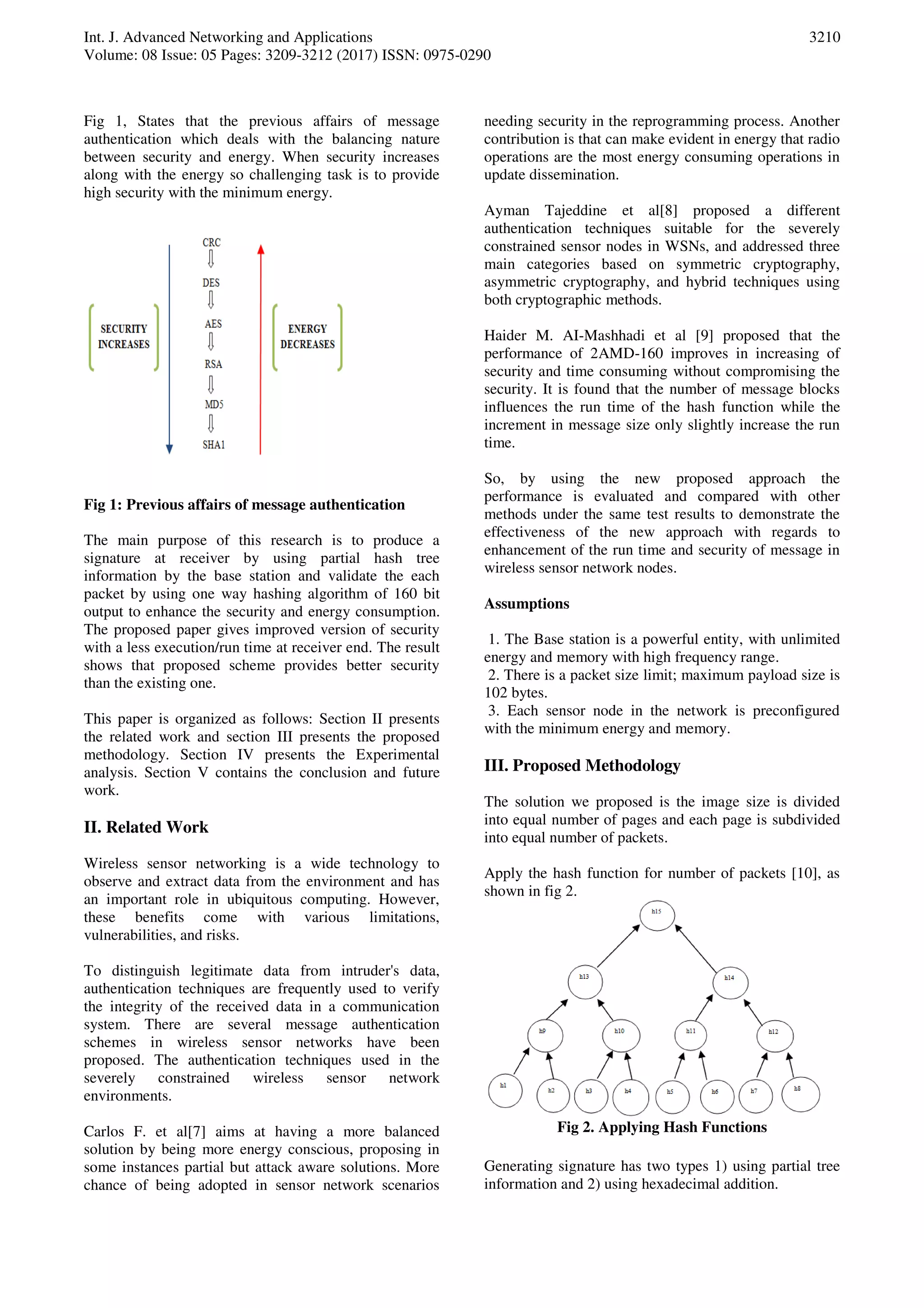Int. J. Advanced Networking and Applications Volume: 08 Issue: 05 Pages: 3209-3212 (2017) ISSN: 0975-0290 3210 Fig 1, States that the previous affairs of message authentication which deals with the balancing nature between security and energy. When security increases along with the energy so challenging task is to provide high security with the minimum energy. Fig 1: Previous affairs of message authentication The main purpose of this research is to produce a signature at receiver by using partial hash tree information by the base station and validate the each packet by using one way hashing algorithm of 160 bit output to enhance the security and energy consumption. The proposed paper gives improved version of security with a less execution/run time at receiver end. The result shows that proposed scheme provides better security than the existing one. This paper is organized as follows: Section II presents the related work and section III presents the proposed methodology. Section IV presents the Experimental analysis. Section V contains the conclusion and future work. II. Related Work Wireless sensor networking is a wide technology to observe and extract data from the environment and has an important role in ubiquitous computing. However, these benefits come with various limitations, vulnerabilities, and risks. To distinguish legitimate data from intruder's data, authentication techniques are frequently used to verify the integrity of the received data in a communication system. There are several message authentication schemes in wireless sensor networks have been proposed. The authentication techniques used in the severely constrained wireless sensor network environments. Carlos F. et al[7] aims at having a more balanced solution by being more energy conscious, proposing in some instances partial but attack aware solutions. More chance of being adopted in sensor network scenarios needing security in the reprogramming process. Another contribution is that can make evident in energy that radio operations are the most energy consuming operations in update dissemination. Ayman Tajeddine et al[8] proposed a different authentication techniques suitable for the severely constrained sensor nodes in WSNs, and addressed three main categories based on symmetric cryptography, asymmetric cryptography, and hybrid techniques using both cryptographic methods. Haider M. AI-Mashhadi et al [9] proposed that the performance of 2AMD-160 improves in increasing of security and time consuming without compromising the security. It is found that the number of message blocks influences the run time of the hash function while the increment in message size only slightly increase the run time. So, by using the new proposed approach the performance is evaluated and compared with other methods under the same test results to demonstrate the effectiveness of the new approach with regards to enhancement of the run time and security of message in wireless sensor network nodes. Assumptions 1. The Base station is a powerful entity, with unlimited energy and memory with high frequency range. 2. There is a packet size limit; maximum payload size is 102 bytes. 3. Each sensor node in the network is preconfigured with the minimum energy and memory. III. Proposed Methodology The solution we proposed is the image size is divided into equal number of pages and each page is subdivided into equal number of packets. Apply the hash function for number of packets [10], as shown in fig 2. Fig 2. Applying Hash Functions Generating signature has two types 1) using partial tree information and 2) using hexadecimal addition. 