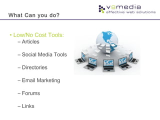 What Can you do?
• Low/No Cost Tools:
– Articles
– Social Media Tools
– Directories
– Email Marketing
– Forums
– Links
 