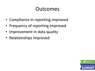 Outcomes
• Compliance in reporting improved
• Frequency of reporting improved
• Improvement in data quality
• Relationships improved
 
