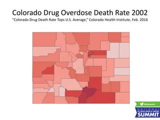 Colorado Drug Overdose Death Rate 2002
“Colorado Drug Death Rate Tops U.S. Average,” Colorado Health Institute, Feb. 2016
 