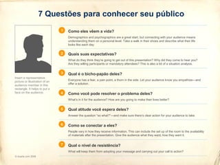 7 Questões para conhecer seu público
Quais suas expectativas?
What do they think they’re going to get out of this presentation? Why did they come to hear you?
Are they willing participants or mandatory attendees? This is also a bit of a situation analysis.
2
Qual é o bicho-papão deles?
Everyone has a fear, a pain point, a thorn in the side. Let your audience know you empathize—and
offer a solution.
3
Como você pode resolver o problema deles?
What’s in it for the audience? How are you going to make their lives better?
4
Qual atitude você espera deles?
Answer the question “so what?”—and make sure there’s clear action for your audience to take.
5
Como se conectar a eles?
People vary in how they receive information. This can include the set up of the room to the availability
of materials after the presentation. Give the audience what they want, how they want it.
6
Qual o nível de resistência?
What will keep them from adopting your message and carrying out your call to action?
7
Como eles vêem a vida?
Demographics and psychographics are a great start, but connecting with your audience means
understanding them on a personal level. Take a walk in their shoes and describe what their life
looks like each day.
1
© duarte.com 2008
Insert a representative
picture or illustration of an
audience member in this
rectangle. It helps to put a
face on the audience.
 