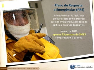 Plano de Resposta
a Emergências (PRE)
Mensalmente são realizadas
palestra sobre como proceder
caso de emergência, abandono do
edifício e recursos disponíveis.
No ano de 2010,
apenas 23 pessoas do SMES
compareceram à palestra.
RESERVADO Gestor: COMPARTILHADO/RSUD/RC : : Versão 01 – maio 2011
 