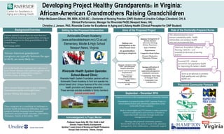 Developing Project Healthy Grandparents© in Virginia:
African-American Grandmothers Raising Grandchildren
Ethlyn McQueen-Gibson, RN, MSN, ACNS-BC – Doctorate of Nursing Practice (DNP) Student at Ursuline College (Cleveland, OH) &
Clinical Performance, Manager for Riverside PACE (Newport News, VA)
Christine J. Jensen, PhD, Riverside Center for Excellence in Aging and Lifelong Health (Clinical Preceptor for DNP Student)
Background/Overview
September – December 2016
Role of the Doctorally-Prepared Nurse
Acknowledgement to Project Mentor:
Current statistics report there are more than two
million African-American grandmothers serving as
custodial caregivers for their grandchildren in the
United States.
(US Census, 2013)
African-American grandparent
caregivers are typically between the ages
of 45-59, are more likely to:
Live in the South, live in poverty, live with two or
more chronic diseases, and experience greater levels
of stress than other grandparent caregivers .
(Whitley, Lamis, & Kelley, 2016)
Have chronic diseases such as type 2 diabetes,
hypertension and be overweight/obese
(Kelley, Whitley, & Campos, 2013)
These caregivers face a multitude of challenges to
include: health and financial difficulties, increased
caregiver burden, increased stress, increased
depression and poor health outcomes. (McCubbin,
Thompson, Futrell, & McCubbin, 1997)
Deliver case
management in the
school based clinic
for grandmothers
serving as caregivers
Improve management of
chronic diseases
adversely affecting
African-Americans:
Type 2 Diabetes
Hypertension
Congestive Heart Failure
Chronic Obstructive
Pulmonary Disease
Decrease emergency room
visits – and subsequent
hospital admissions
Current costs for inpatient
hospitalization:
•Type 2 diabetes =
$7900-$13,000
•Congestive heart failure =
$8,000
•Uncontrolled hypertension =
$31,000
Increase utilization of
available but
underutilized/unknown
community resources:
• Community Free Clinic
of Newport News
• Community Care
Collaborative
Program Overview to the Grandparents & Community Partners
Presentation of proposed project DNP Capstone Project to
school administrators and potential grandmothers at the
Achievable Dream Academy :
Back to school nights and PTA forums to assess potential
interest in participation and overview of benefit of
improving health outcomes through onsite case
management services
Meeting with proposed community partners:
Review their role in the areas of social work, pharmacy
management, clinic collaboration , community support
Aims of the Proposed Project
Achievable Dream Academy
(www.achievabledream.nn.k12.va.us)
Elementary, Middle & High School
Newport News, Virginia
Riverside Health System Operates
School-Based Clinic:
Riverside Health System Foundation partners with an
Achievable Dream Academy to fund and operate the
school based clinic. Unique features of the clinic include
health promotion and disease prevention.
These services are also available to family members
(current unmet need)
Setting for the Proposed Intervention
This advanced practice nurse
assesses community needs, builds
relationships and analyzes health
stats and environmental data.
American Association Colleges of
Nursing (AACN) – core
essential for doctorate of nursing
practice:
Essential VII – clinical
prevention and population health
for improving the nation’s health
Serve as an advocate to promote
high quality and cost effective
health care
Proposed Community Partners
Professor Susan Kelly, RN, PhD, FAAN & Staff
Director, Project Healthy Grandparents
Byrdine F. Lewis School of Nursing and Health Professions
Georgia State University - Atlanta, Georgia
 