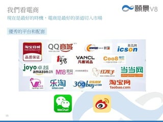 05
我們看電商
現在是最好的時機，電商是最好的渠道切入市場
優秀的平台和配套
 