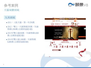 8
 2011：入駐天貓，第一年250萬
 2012：雙11一天銷售額250萬，年銷
售額1,500萬 (全網渠道超1億)
 2013年雙11達650萬，年銷售額4,000
萬 (全網渠道超2億)
 2014年雙11達1,900萬，年銷售額
8,000萬 (全網渠道超4億)
參考案例
天貓淘寶商城
丸美商城
 