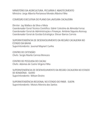 MINISTÉRIO DA AGRICULTURA, PECUÁRIA E ABASTECIMENTO
Ministro: Jorge Alberto Portanova Mendes Ribeiro Filho
COMISSÃO EXECUTIVA DO PLANO DA LAVOURA CACAUEIRA
Diretor: Jay Wallace da Silva e Mota
Coordenador Geral Técnico Científico:
Coordenador Geral de Gestão Estratégica: Elieser Barros Correia
SUPERINTENDÊNCIA DE DESENVOLVIMENTO DA REGIÃO CACAUEIRA NO
ESTADO DA BAHIA
Superintendente: Juvenal Maynart Cunha
CENTRO DE EXTENSÃO
Chefe: Sergio Murilo Correia Menezes
CENTRO DE PESQUISA DO CACAU
Chefe: Adonias de Castro Virgens Filho
SUPERINTENDÊNCIA DE DESENVOLVIMENTO DA REGIÃO CACAUEIRA NO ESTADO
DE RONDÔNIA - SUERO
Superintendente: Wilson Destro
SUPERINTENDÊNCIA REGIONAL NO ESTADO DO PARÁ - SUEPA
Superintendente: Moisés Moreira dos Santos
Edmir Celestino de Almeida Ferraz
Coordenador Geral de Administração e Finanças: Antônio Siqueira Assreuy
 