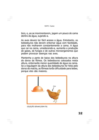 32
MAPA - Ceplac
COLEÇÃO SENAR (2004:79)
bico, e, ao se movimentarem, jogam um pouco de cama
dentro da água, sujando-a.
As aves devem ter fácil acesso a água. Entretanto, os
bebedouros não devem entornar água com facilidade,
para não molharem constantemente a cama. A água
que cai na cama, umedecendo-a, aumenta a produção
de gases, de fungos e de outros microorganismos que
podem provocar doenças nas aves.
Mantenha a parte de baixo dos bebedouros na altura
do dorso da fêmea. Os bebedouros colocados nesta
altura, entornarão menor quantidade de água na cama.
Se a regulagem da altura dos bebedouros for feita pelo
dorso do macho, as fêmeas terão dificuldade para beber,
porque eles são maiores.
 