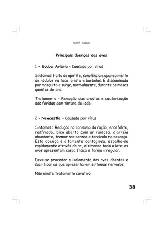 38
MAPA - Ceplac
Principais doenças das aves
1 - Bouba Aviária - Causada por vírus
Sintomas: Falta de apetite, sonolência e aparecimento
de nódulos na face, crista e barbelas. É disseminada
por mosquito e surge, normalmente, durante os meses
quentes do ano.
Tratamento - Remoção das crostas e cauterização
das feridas com tintura de iodo.
2 - Newcastle - Causada por vírus
Sintomas : Redução no consumo da ração, encefalite,
resfriado, bico aberto com ar ruidoso, diarréia
abundante, tremor nas pernas e torcicolo no pescoço.
Esta doença é altamente contagiosa, espalha-se
rapidamente através do ar, dizimando todo o lote; os
ovos apresentam casca fraca e forma irregular.
Deve-se proceder o isolamento das aves doentes e
sacrificar as que apresentarem sintomas nervosos.
Não existe tratamento curativo.
 