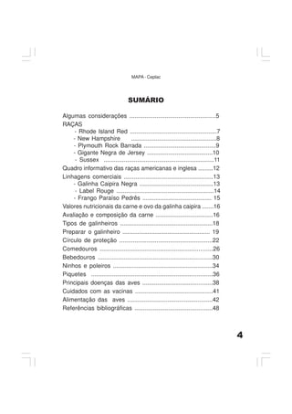 4
MAPA - Ceplac
SUMÁRIO
Algumas considerações ...................................................5
RAÇAS
- Rhode Island Red .....................................................7
- New Hampshire ....................................................8
- Plymouth Rock Barrada ............................................9
- Gigante Negra de Jersey ........................................10
- Sussex ..................................................................11
Quadro informativo das raças americanas e inglesa .........12
Linhagens comerciais .....................................................13
- Galinha Caipira Negra .............................................13
- Label Rouge ...........................................................14
- Frango Paraíso Pedrês .......................................... 15
Valores nutricionais da carne e ovo da galinha caipira .......16
Avaliação e composição da carne ...................................16
Tipos de galinheiros .......................................................18
Preparar o galinheiro .................................................... 19
Círculo de proteção .......................................................22
Comedouros .................................................................26
Bebedouros ..................................................................30
Ninhos e poleiros ...........................................................34
Piquetes ......................................................................36
Principais doenças das aves ..........................................38
Cuidados com as vacinas ...............................................41
Alimentação das aves ...................................................42
Referências bibliográficas ..............................................48
 