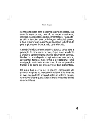 6
MAPA - Ceplac
As mais indicadas para o sistema caipira de criação, são
aves de raças puras, que são as raças americanas,
inglesas e as linhagens caipiras melhoradas. Mas pode-
se utilizar também aves de linhagem industrial, porém,
é bom lembrar que a galinha de linhagem industrial de
pele e plumagem branca, não tem mercado.
A condição básica de uma galinha caipira, tanto para a
produção de corte como de ovos, é que a ave se adapte
à criação e apresente pele amarela e plumagem colorida.
O sabor da carne da galinha caipira deve ser mais natural,
apresentar textura mais firme e proporcionar uma
mastigação mais lenta e saborosa. A cor da pele dos
frangos e da gema dos ovos deve ser bem pigmentada.
Há uma boa oferta de linhagens comerciais de
galinhas caipiras no mercado brasileiro. São diversas
as aves que poderão ser produzidas no sistema caipira.
Vamos ver agora quais as raças mais indicadas e suas
características.
 