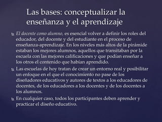  El docente como alumno, es esencial volver a definir los roles del
educador, del docente y del estudiante en el proceso de
enseñanza-aprendizaje. En los niveles más altos de la pirámide
estaban los mejores alumnos, aquellos que transitaban por la
escuela con las mejores calificaciones y que podían enseñar a
los otros el contenido que habían aprendido.
 Las escuelas de hoy tratan de crear un entorno real y posibilitar
un enfoque en el que el conocimiento no pase de los
diseñadores educativos y autores de textos a los educadores de
docentes, de los educadores a los docentes y de los docentes a
los alumnos.
 En cualquier caso, todos los participantes deben aprender y
practicar el diseño educativo.
Las bases: conceptualizar la
enseñanza y el aprendizaje
 