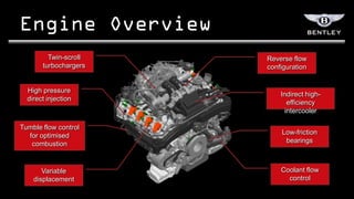 Twin-scroll   Reverse flow
       turbochargers   configuration


  High pressure
                           Indirect high-
  direct injection
                             efficiency
                            intercooler

Tumble flow control
  for optimised            Low-friction
   combustion               bearings



       Variable            Coolant flow
    displacement             control
 