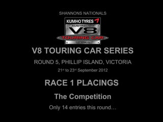 SHANNONS NATIONALS




V8 TOURING CAR SERIES
ROUND 5, PHILLIP ISLAND, VICTORIA
        21st to 23rd September 2012


   RACE 1 PLACINGS
       The Competition
     Only 14 entries this round…
 